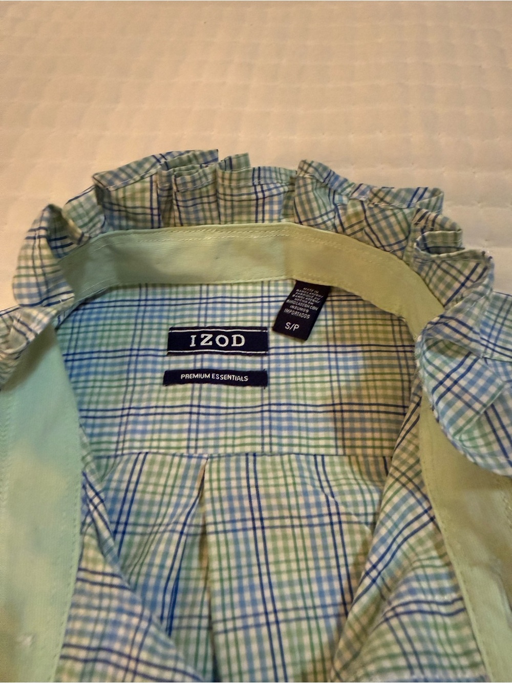 Upcycled Men's Izod Ruffled Collar Button-Up Shirt in Light Blue Plaid - Picture 7 of 8